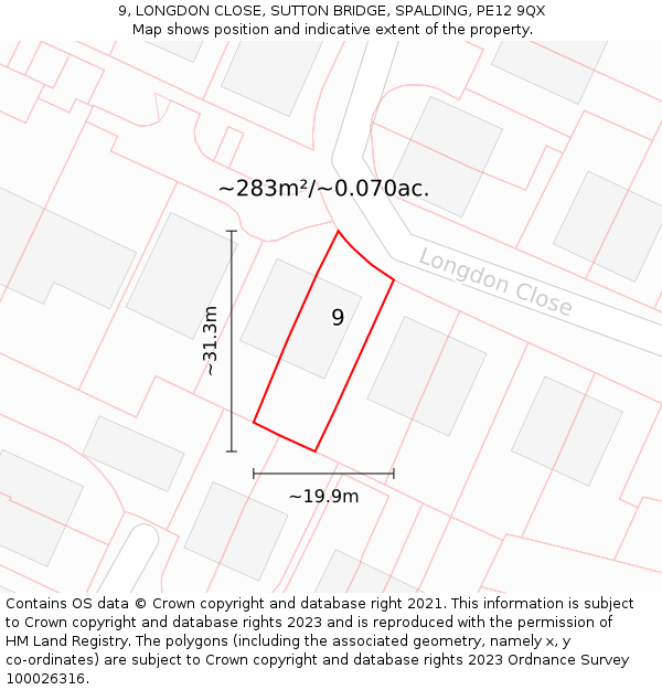9, LONGDON CLOSE, SUTTON BRIDGE, SPALDING, PE12 9QX: Plot and title map