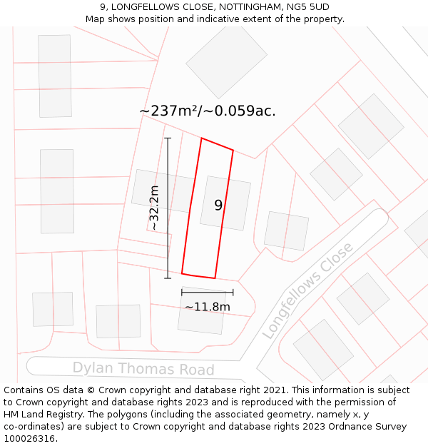 9, LONGFELLOWS CLOSE, NOTTINGHAM, NG5 5UD: Plot and title map