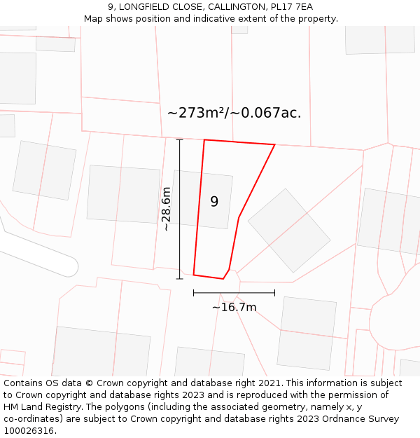 9, LONGFIELD CLOSE, CALLINGTON, PL17 7EA: Plot and title map