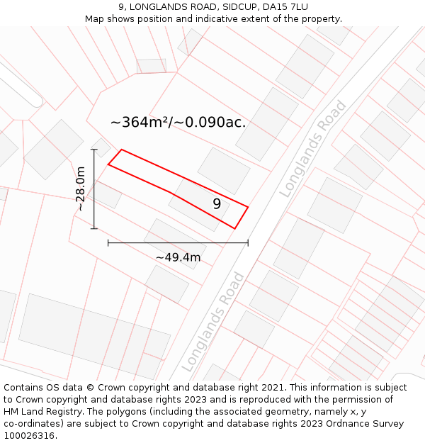 9, LONGLANDS ROAD, SIDCUP, DA15 7LU: Plot and title map