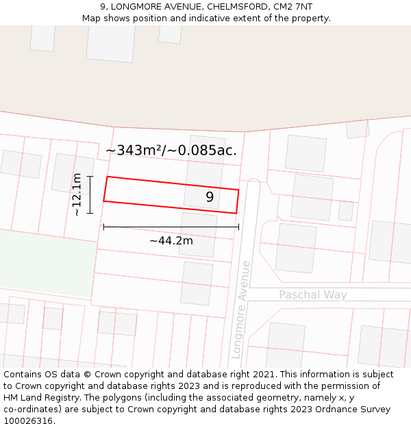 9, LONGMORE AVENUE, CHELMSFORD, CM2 7NT: Plot and title map
