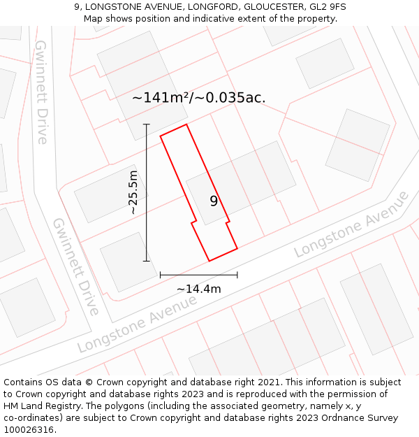 9, LONGSTONE AVENUE, LONGFORD, GLOUCESTER, GL2 9FS: Plot and title map