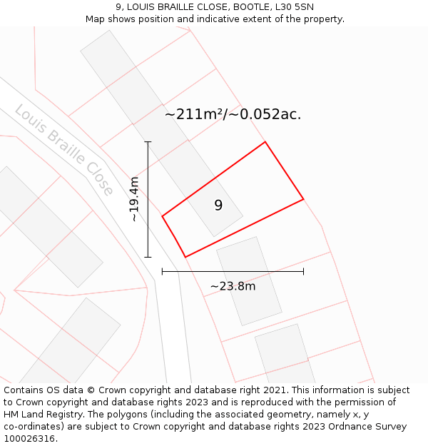9, LOUIS BRAILLE CLOSE, BOOTLE, L30 5SN: Plot and title map