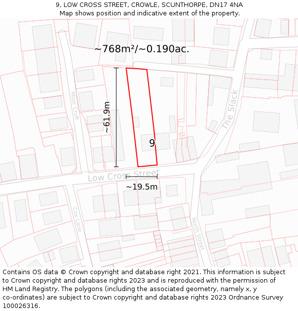 9, LOW CROSS STREET, CROWLE, SCUNTHORPE, DN17 4NA: Plot and title map