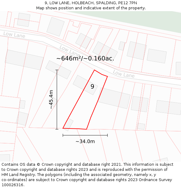 9, LOW LANE, HOLBEACH, SPALDING, PE12 7PN: Plot and title map