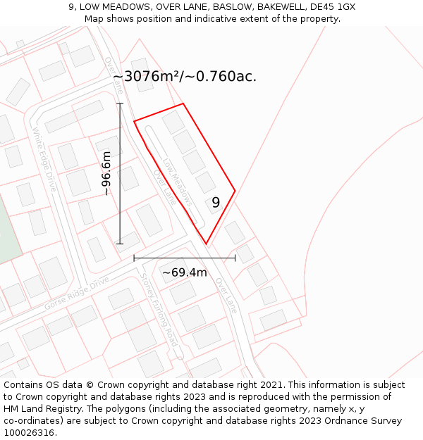 9, LOW MEADOWS, OVER LANE, BASLOW, BAKEWELL, DE45 1GX: Plot and title map