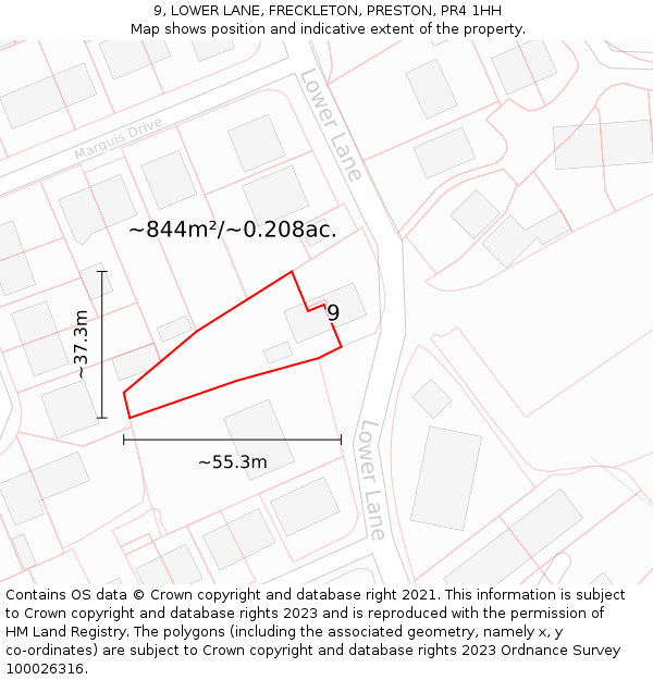 9, LOWER LANE, FRECKLETON, PRESTON, PR4 1HH: Plot and title map