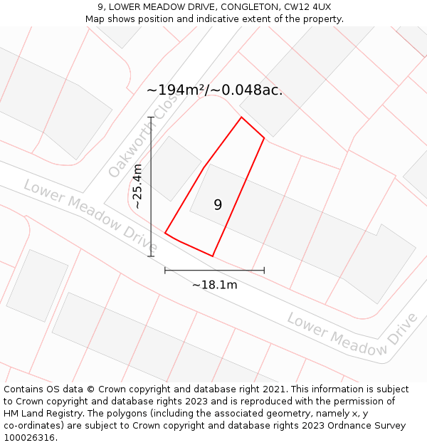 9, LOWER MEADOW DRIVE, CONGLETON, CW12 4UX: Plot and title map
