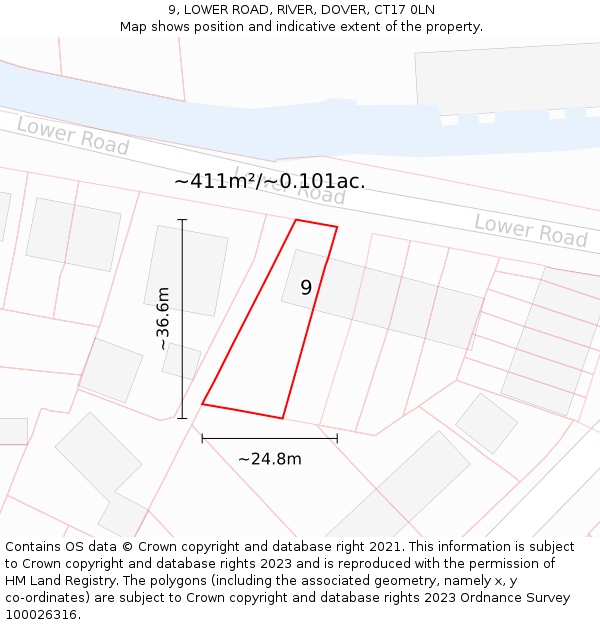 9, LOWER ROAD, RIVER, DOVER, CT17 0LN: Plot and title map