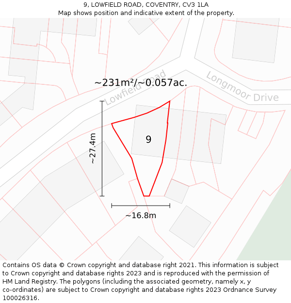 9, LOWFIELD ROAD, COVENTRY, CV3 1LA: Plot and title map