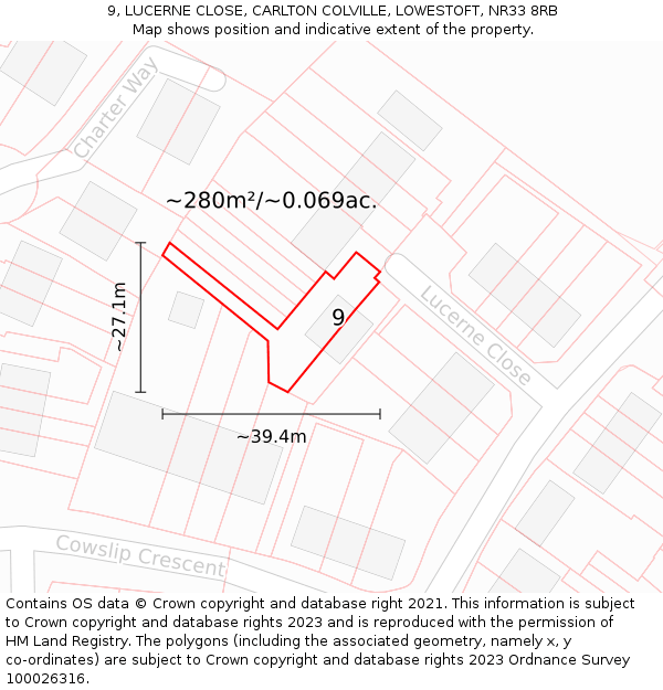 9, LUCERNE CLOSE, CARLTON COLVILLE, LOWESTOFT, NR33 8RB: Plot and title map