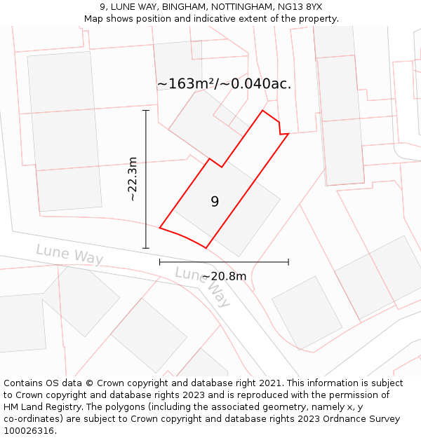 9, LUNE WAY, BINGHAM, NOTTINGHAM, NG13 8YX: Plot and title map