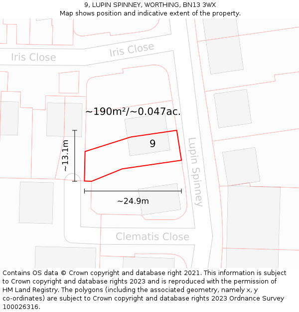 9, LUPIN SPINNEY, WORTHING, BN13 3WX: Plot and title map