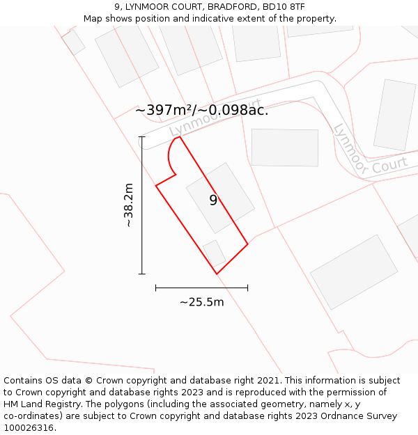 9, LYNMOOR COURT, BRADFORD, BD10 8TF: Plot and title map