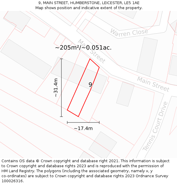 9, MAIN STREET, HUMBERSTONE, LEICESTER, LE5 1AE: Plot and title map