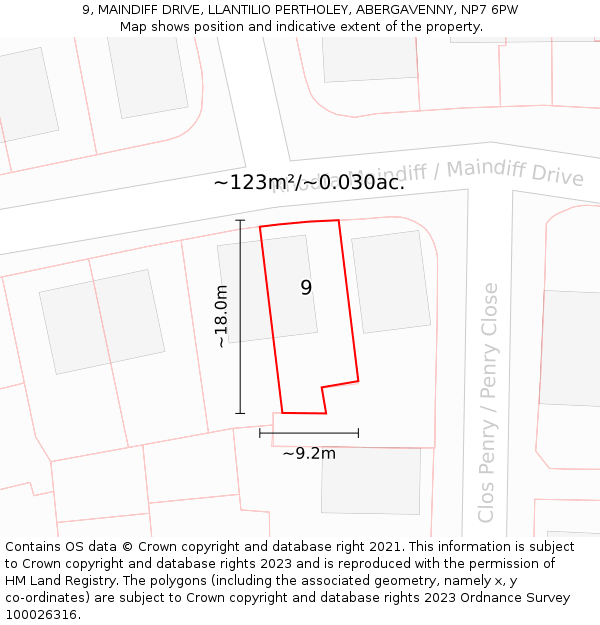 9, MAINDIFF DRIVE, LLANTILIO PERTHOLEY, ABERGAVENNY, NP7 6PW: Plot and title map