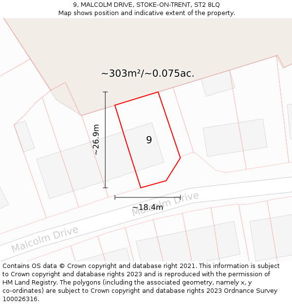 9, MALCOLM DRIVE, STOKE-ON-TRENT, ST2 8LQ: Plot and title map