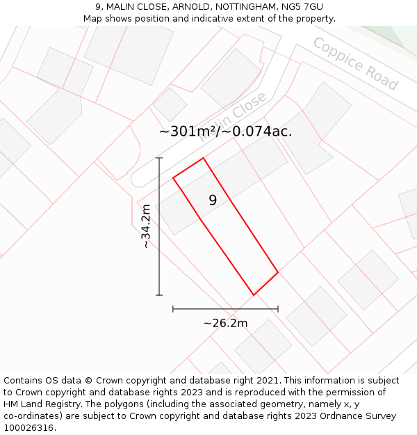 9, MALIN CLOSE, ARNOLD, NOTTINGHAM, NG5 7GU: Plot and title map