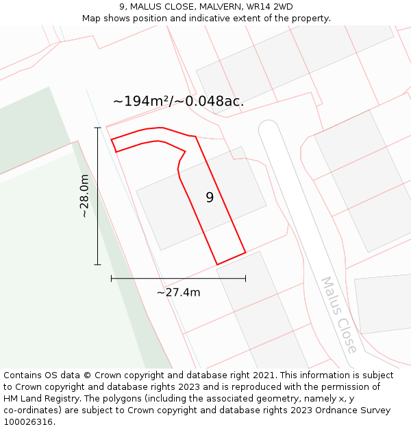 9, MALUS CLOSE, MALVERN, WR14 2WD: Plot and title map