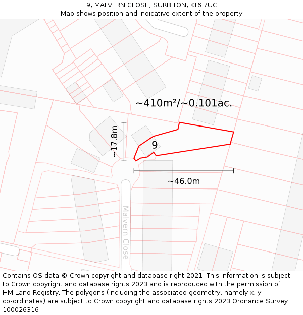 9, MALVERN CLOSE, SURBITON, KT6 7UG: Plot and title map