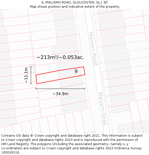 9, MALVERN ROAD, GLOUCESTER, GL1 3JT: Plot and title map