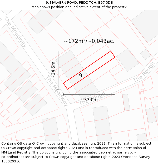 9, MALVERN ROAD, REDDITCH, B97 5DB: Plot and title map