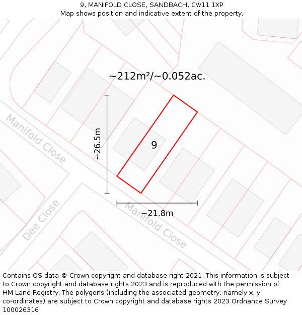 9, MANIFOLD CLOSE, SANDBACH, CW11 1XP: Plot and title map