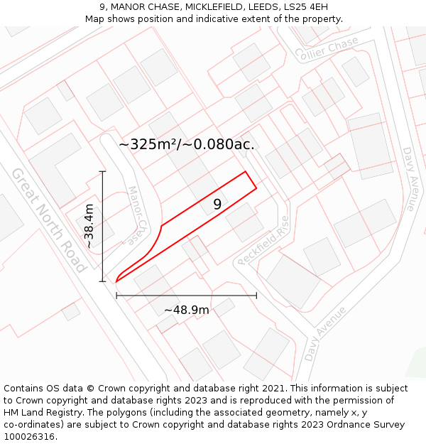 9, MANOR CHASE, MICKLEFIELD, LEEDS, LS25 4EH: Plot and title map