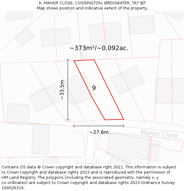 9, MANOR CLOSE, COSSINGTON, BRIDGWATER, TA7 8JT: Plot and title map