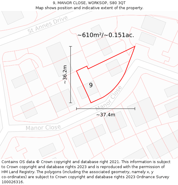 9, MANOR CLOSE, WORKSOP, S80 3QT: Plot and title map