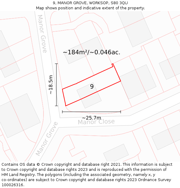 9, MANOR GROVE, WORKSOP, S80 3QU: Plot and title map