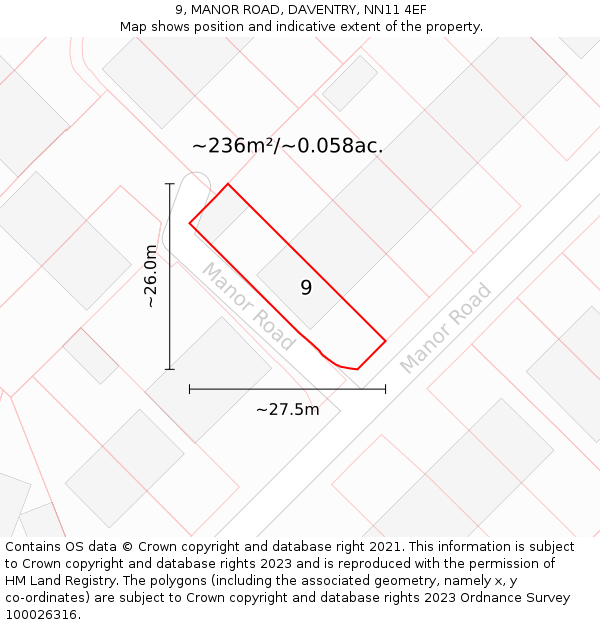 9, MANOR ROAD, DAVENTRY, NN11 4EF: Plot and title map