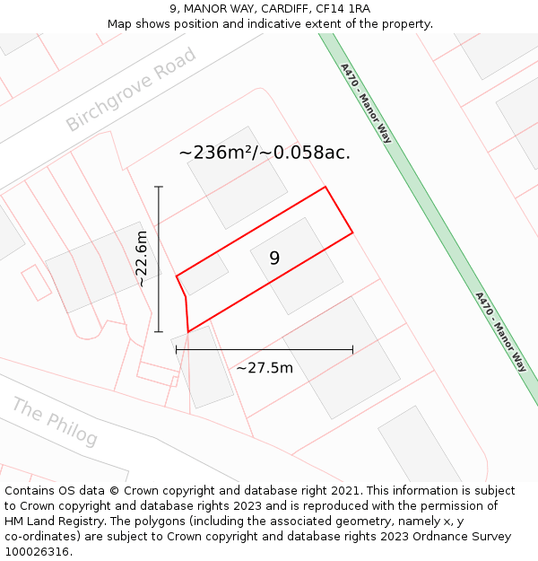 9, MANOR WAY, CARDIFF, CF14 1RA: Plot and title map