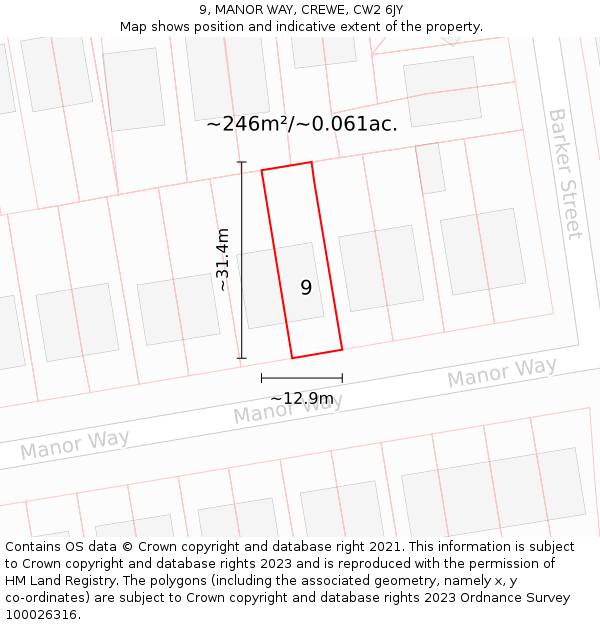 9, MANOR WAY, CREWE, CW2 6JY: Plot and title map