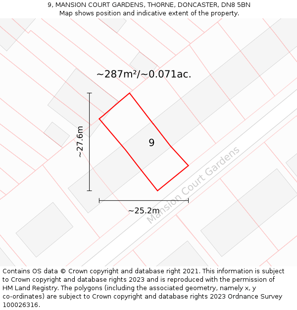 9, MANSION COURT GARDENS, THORNE, DONCASTER, DN8 5BN: Plot and title map