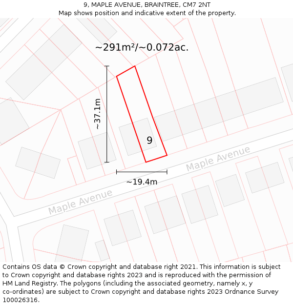 9, MAPLE AVENUE, BRAINTREE, CM7 2NT: Plot and title map