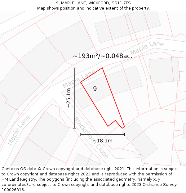 9, MAPLE LANE, WICKFORD, SS11 7FS: Plot and title map