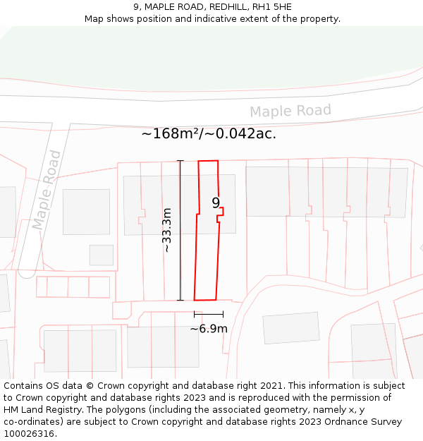 9, MAPLE ROAD, REDHILL, RH1 5HE: Plot and title map