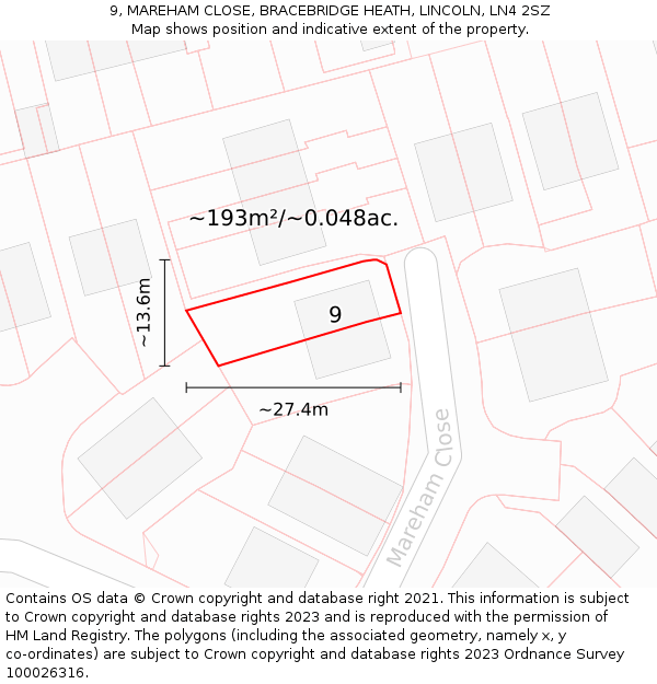 9, MAREHAM CLOSE, BRACEBRIDGE HEATH, LINCOLN, LN4 2SZ: Plot and title map