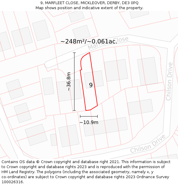 9, MARFLEET CLOSE, MICKLEOVER, DERBY, DE3 0PQ: Plot and title map