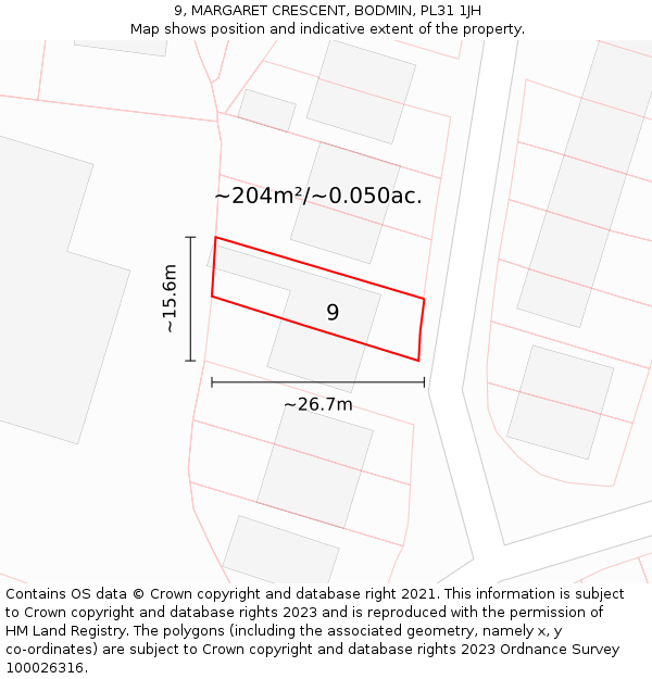 9, MARGARET CRESCENT, BODMIN, PL31 1JH: Plot and title map