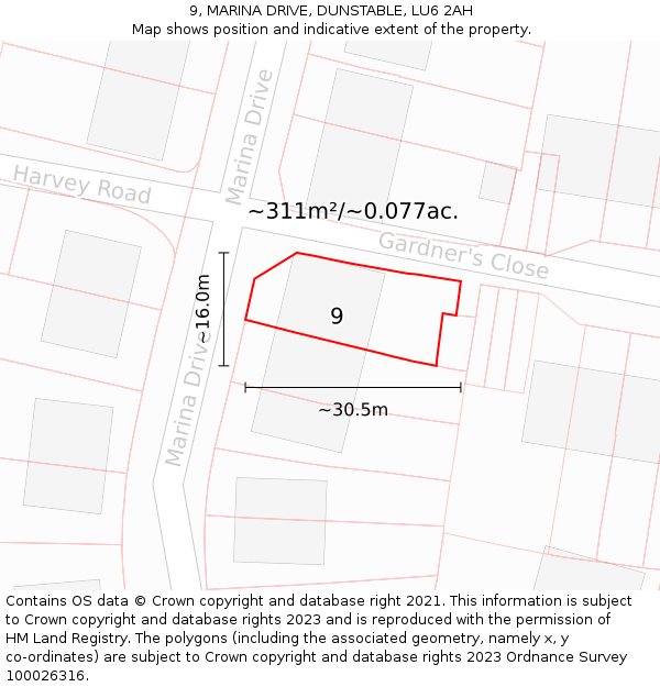 9, MARINA DRIVE, DUNSTABLE, LU6 2AH: Plot and title map