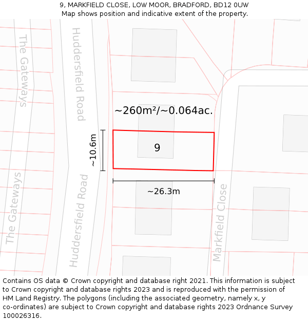 9, MARKFIELD CLOSE, LOW MOOR, BRADFORD, BD12 0UW: Plot and title map