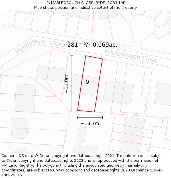 9, MARLBOROUGH CLOSE, RYDE, PO33 1AP: Plot and title map