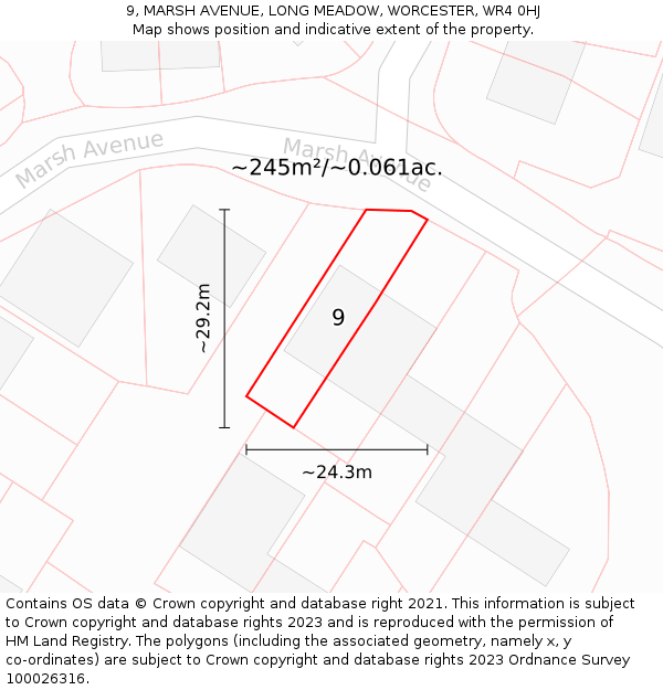 9, MARSH AVENUE, LONG MEADOW, WORCESTER, WR4 0HJ: Plot and title map