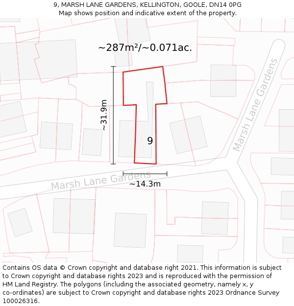 9, MARSH LANE GARDENS, KELLINGTON, GOOLE, DN14 0PG: Plot and title map