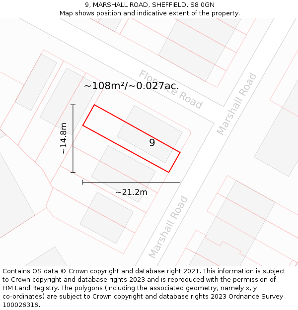 9, MARSHALL ROAD, SHEFFIELD, S8 0GN: Plot and title map