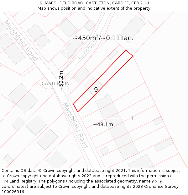9, MARSHFIELD ROAD, CASTLETON, CARDIFF, CF3 2UU: Plot and title map