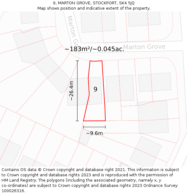 9, MARTON GROVE, STOCKPORT, SK4 5JQ: Plot and title map