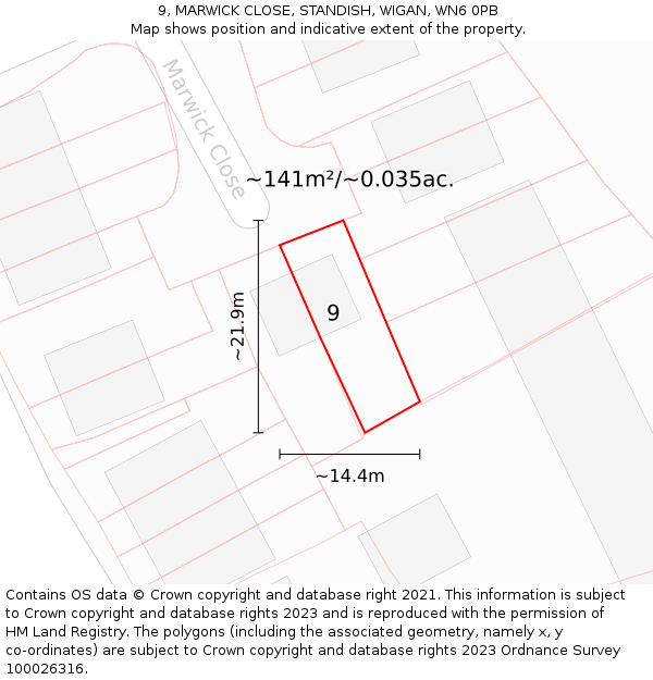 9, MARWICK CLOSE, STANDISH, WIGAN, WN6 0PB: Plot and title map